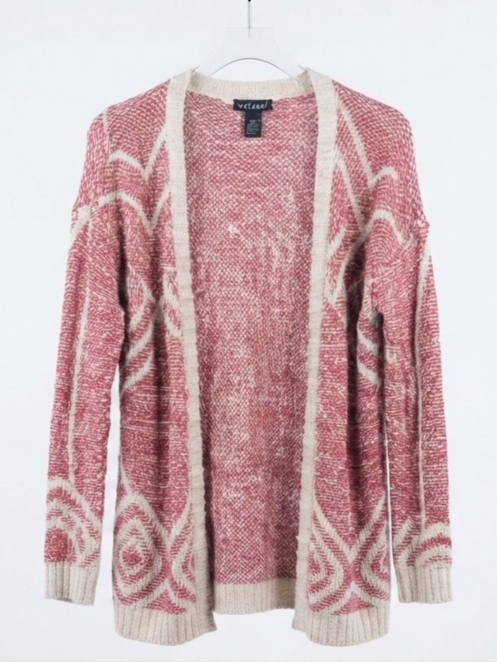 Wet Seal XL Red & Cream Geometric Pattern Knit Open Cardigan Sweater